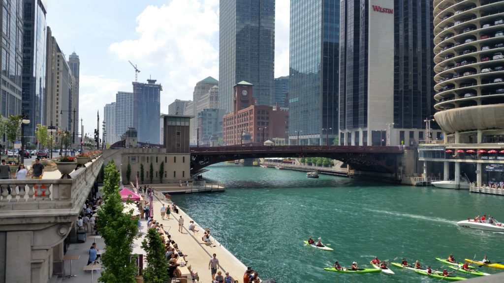 A lively cityscape on a sunny day is invigorating