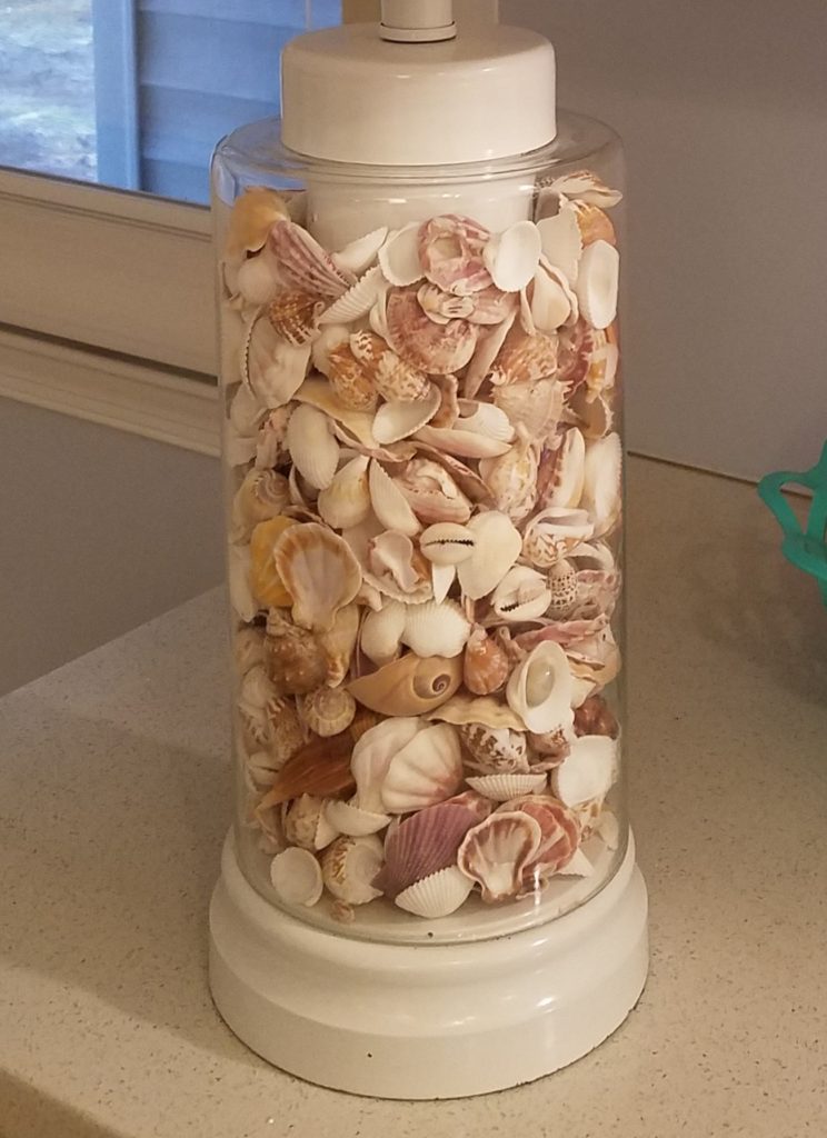 Lamp with shell-filled clear base, from furniture consignment store