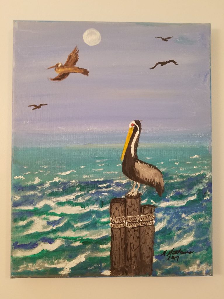 Painting of pelicans, from gallery downtown