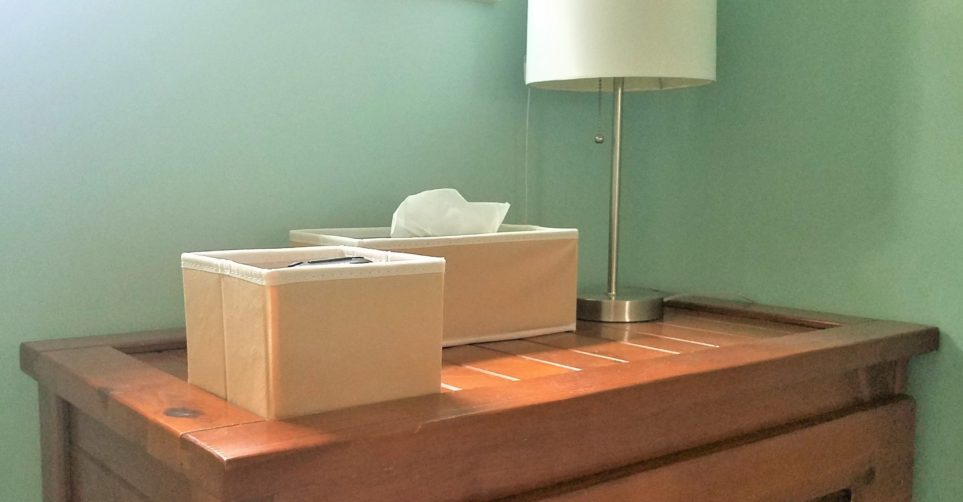 small peach fabric storage bins make great functional decor