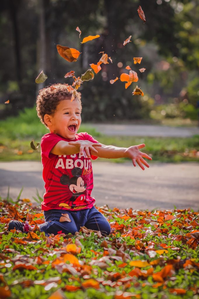 Boy playing in leaves