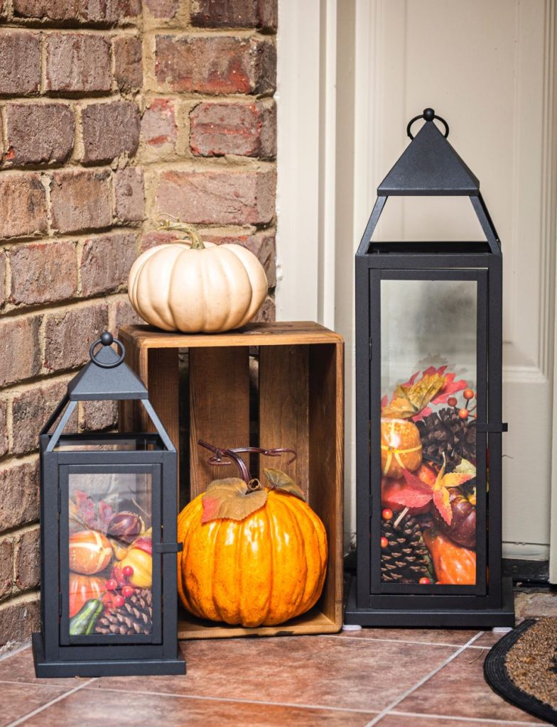 Pumpkins and lanterns at front door