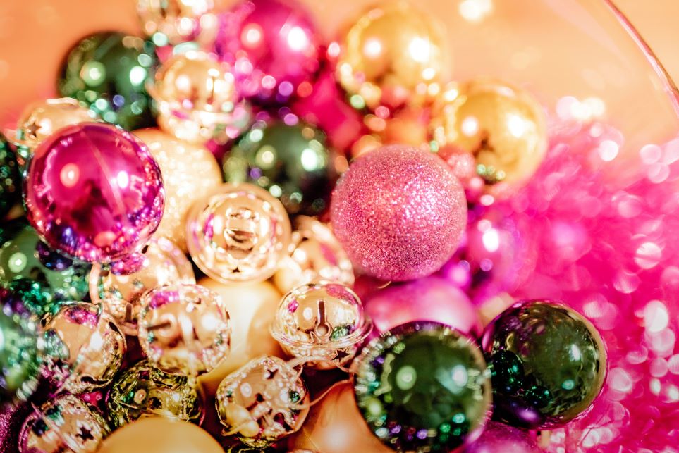 Pink Christmas ball ornaments mixed with gold and green