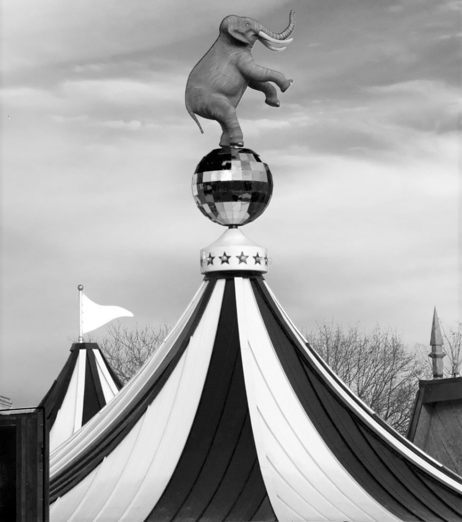 Elephant statue atop circus tent