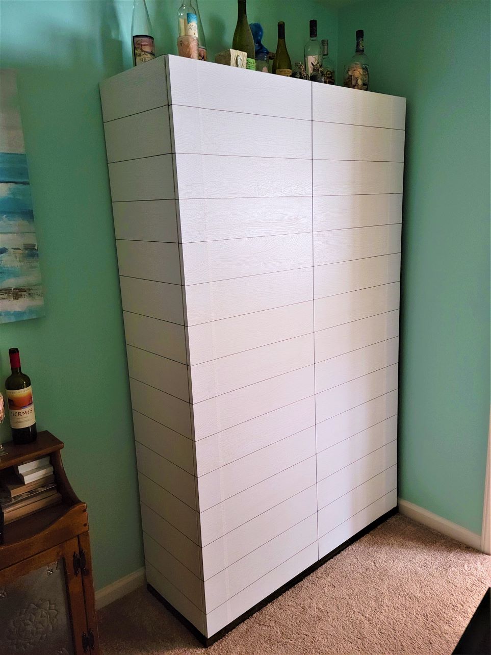 Large cabinet: dark brown turned shiplap