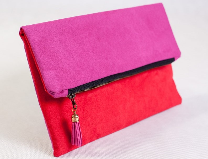 Pink and red vegan suede clutch