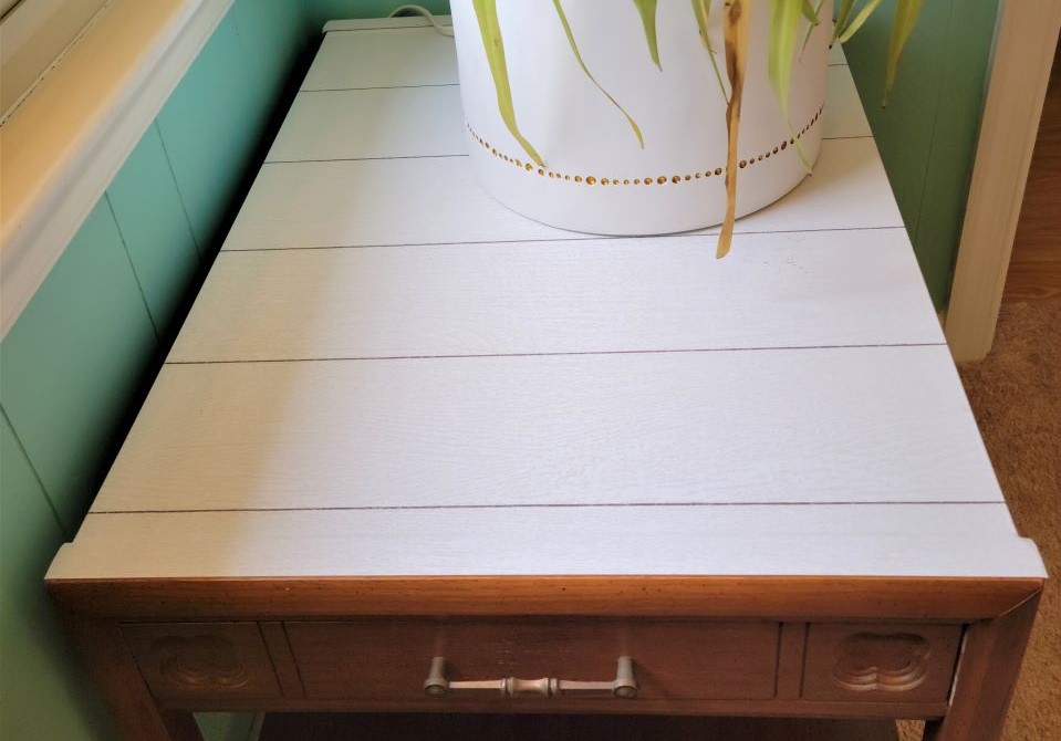Shiplap peel and stick wallpaper on completed end table project