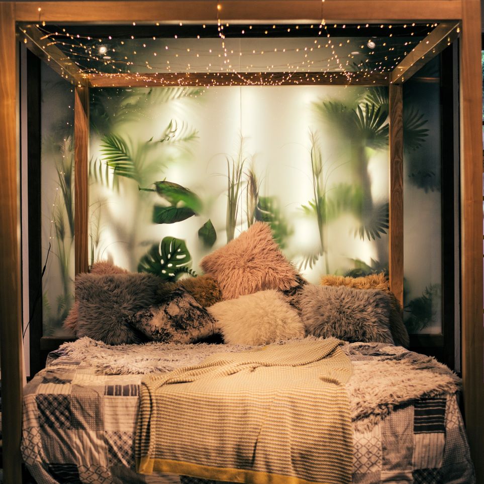 Cozy spot in bed with fuzzy pillows, twinkle lights, and tropical plants