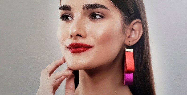 Metallic red and hot pink leather strap earrings