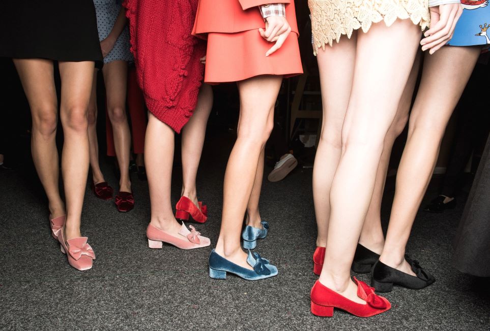Pink shoes red sweater, red shoes cream dress