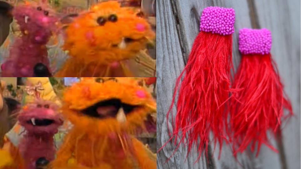 Bogge and Quagmire from Eureeka's Castle, and pink beaded red feather earrings