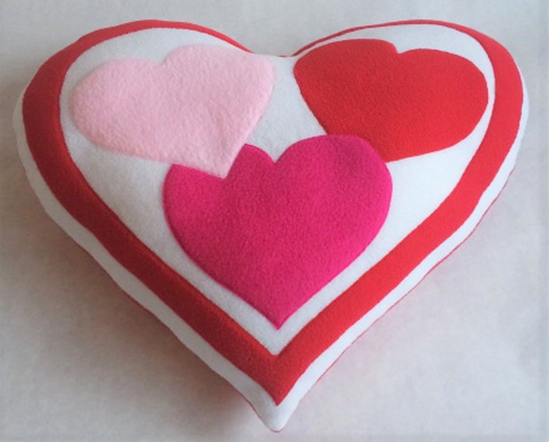 fleece heart pillow with red, pink and light pink hearts lovecore decor