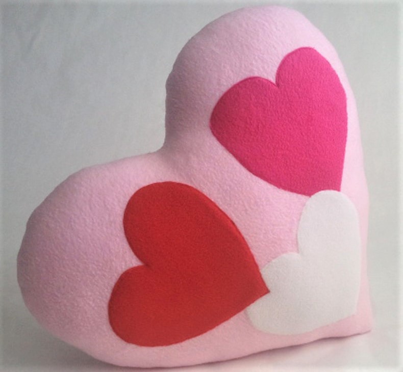 pink fleece heart pillow with pink, red and white hearts lovecore decor