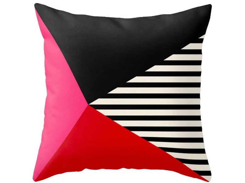 pink, red, black, and B&W stripes geometric colour block pillow
