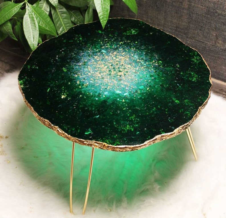 Green geode crystal epoxy table