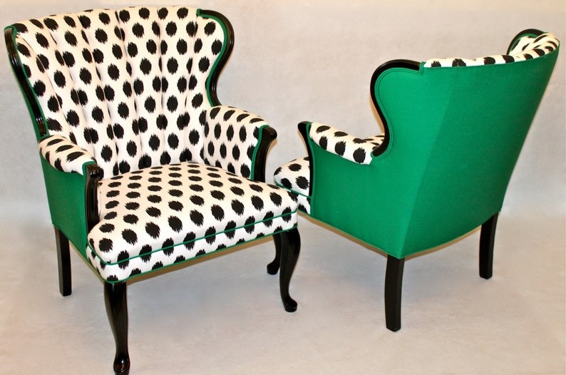 Pair of Channel Chairs in emerald green and black and white ikat dot design