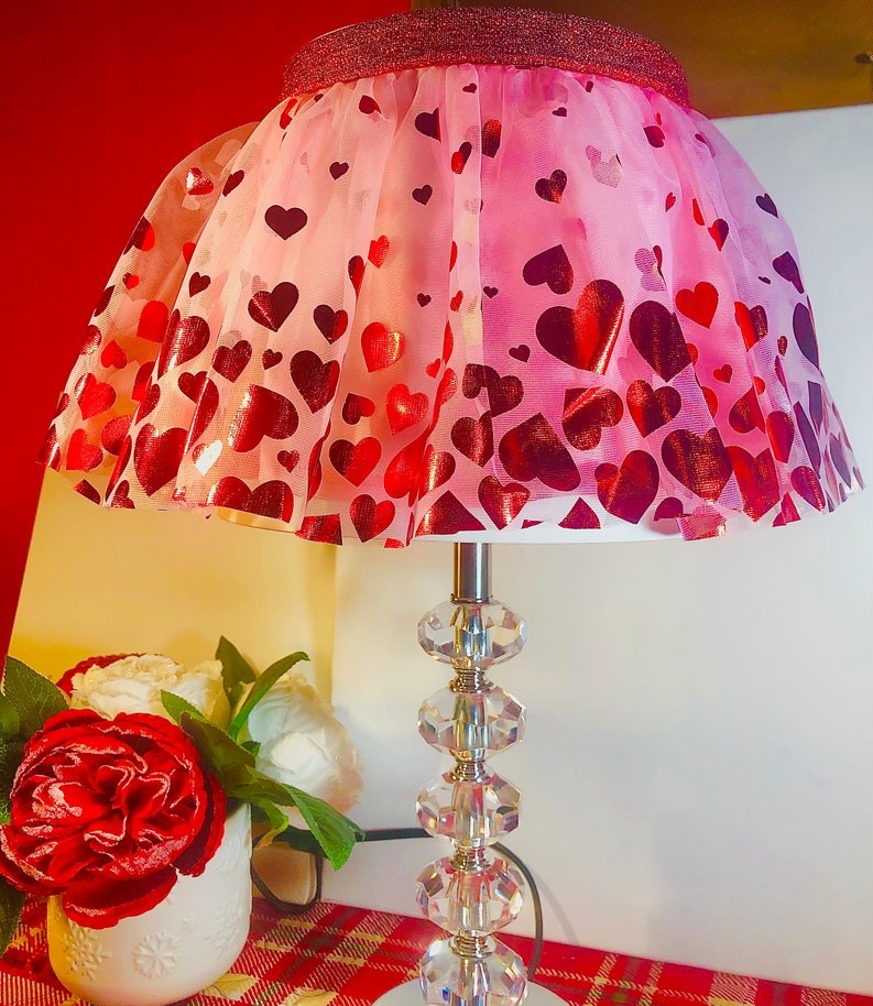 Perfect lovecore decor: lamp made of pink and red heart skirt shade and clear glass crystal base