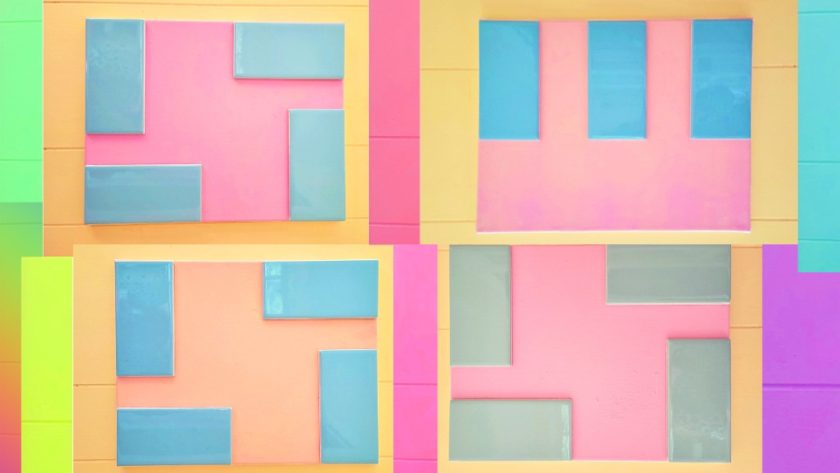 Seaside Color collage of four pink-peach painted canvases with blue tiles