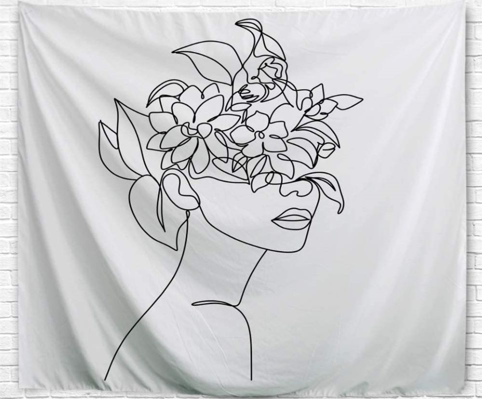 black line drawing of woman's face tapestry is classy eccentric decor
