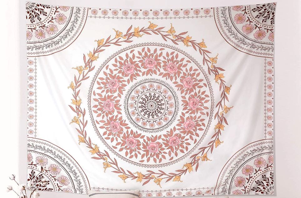 pink and peach floral mandala tapestry