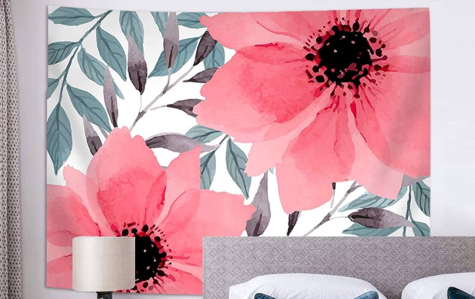 tapestry with pink flowers and green leaves on a white background