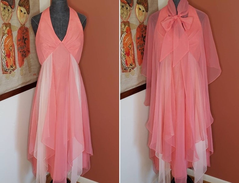 vintage sleeveless salmon dress with matching cape