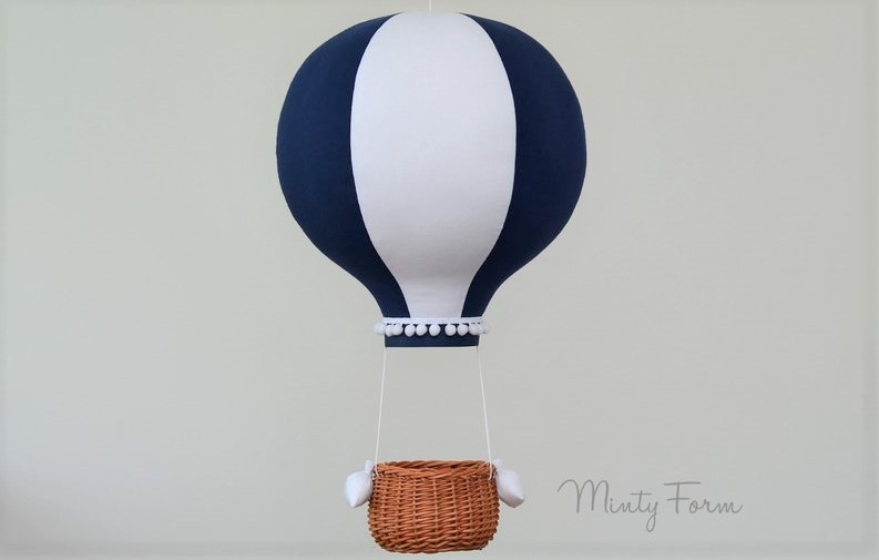 navy and white striped fabric hot air balloon in multiple sizes