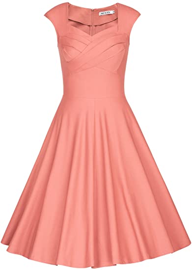 salmon pink A-line pleated cap sleeve swing dress