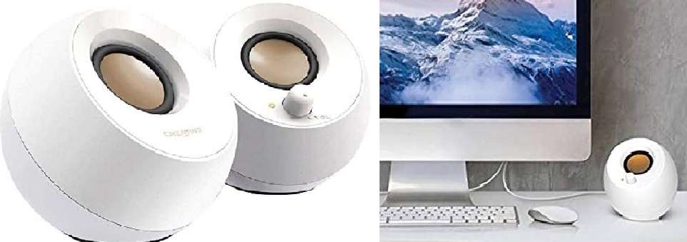 set of small white wired desktop speakers