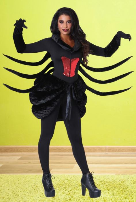 Woman dressed in black widow spider costume
