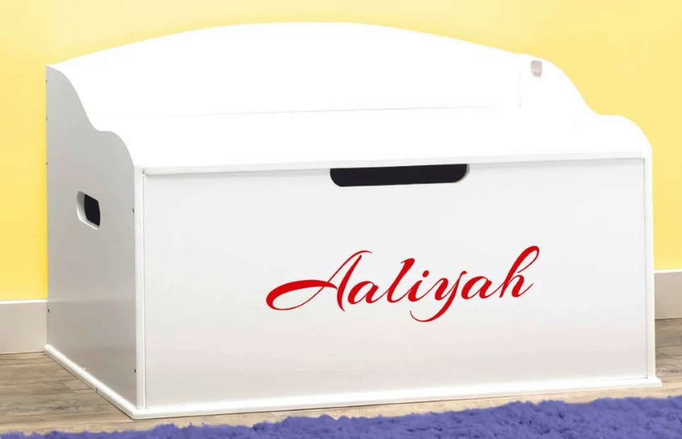 White toy box for convenient toy storage, customized with child's name in red cursive font