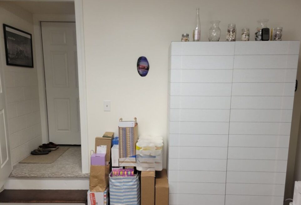 The brown cabinet covered in shiplap peel-and-stick wallpaper is seen on the right; to its left are several small cardboard boxes neatly stacked next to the open door that leads up the basement steps or to the garage door