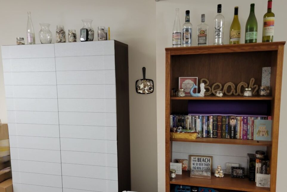 The brown cabinet covered in shiplap peel-and-stick wallpaper is to the left of the brown wooden bookcase featuring beachy decor, DVDs, and other items. Atop both shelving units are various nautical-themed bottles and vases of seashells