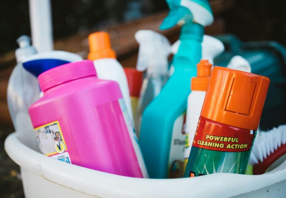 Close-up photo of a bucket of cleaning supplies. Deep cleaning is the first step to how to make a house feel like a home
