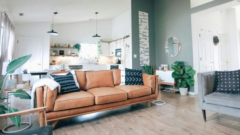 The main living space of a home with an ideal stuff/space ratio: two couches spaced apart in main area, several houseplants lining walls and corners with ample natural light, several throw pillows on couches, small end tables by walls with a few items, and plenty of decor throughout nearby kitchen and on walls