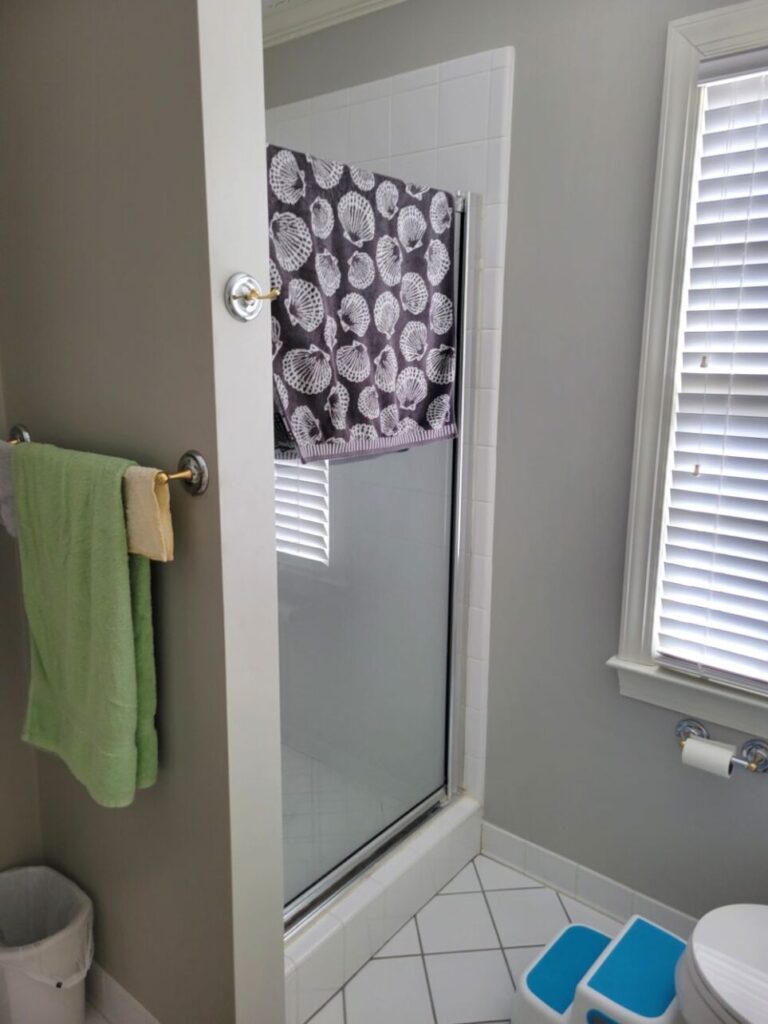 View of bathroom near children's bedroom, standing in front of the sink/vanity and the door leading into the cut-through closet (behind/out of sight). To the right and partially out of view is the toilet and window, with a small blue toddler stepstool below the toilet. Straight ahead is the shower with a seashell towel hanging over the clear door. To the left against the wall that encloses the shower stall is a towel bar with a washcloth and towel hanging from it, and small trash bin below (door leading into the bathroom from the hallway is to the left, out of sight)