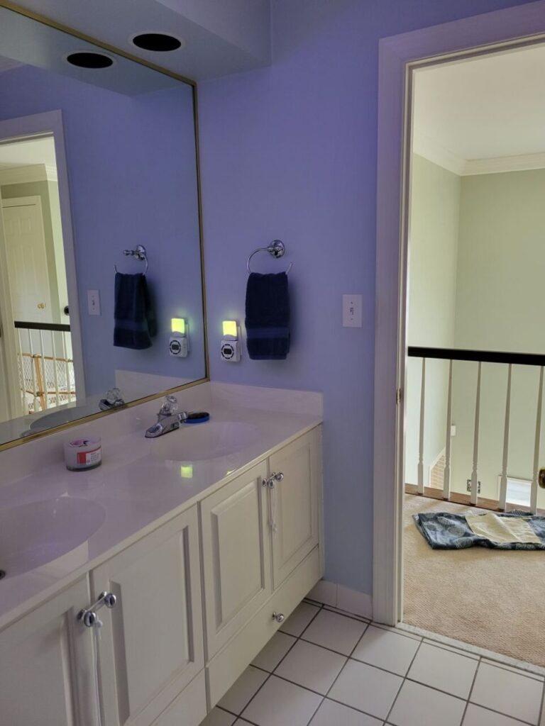 View of upstairs hallway bathroom standing inside the sink area, facing the open door toward the hallway. A double sink with plain off-white countertop is seen to left, under a full mirror covering that wall. A dark blue towel hangs above the far sink, and an empty candle jar full of seashells is the sole decoration sitting toward the back of the middle of the sink countertop.