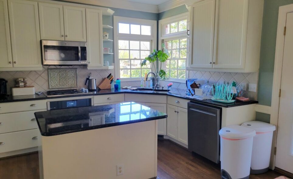 Functional kitchen viewing corner with window and sink. To right counter continues along wall, ending at dishwasher with trash and recycling bins next to it (to right of bins, mostly out of sight, is back door). Left of sink along back wall counter continues and includes stove, oven and microwave. A countertop island is in middle of area.