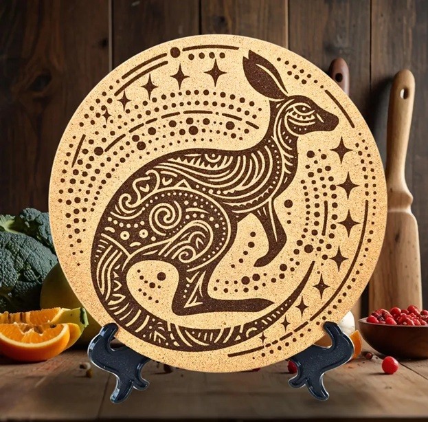 This cork trivet with engraved kangaroo design is a beautiful and functional decor item for the kitchen