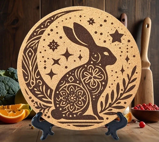 This cork trivet with engraved rabbit design is a pretty and functional decor item for the kitchen table