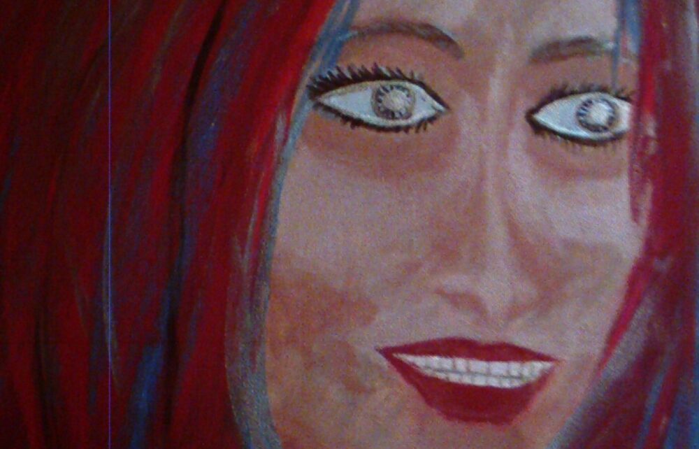 Close-up photo of the face of an awkward-looking portrait painted and given to sister as a Christmas gift nearly 20 years ago. Learn from this lesson: give a good gift, not a questionable one!