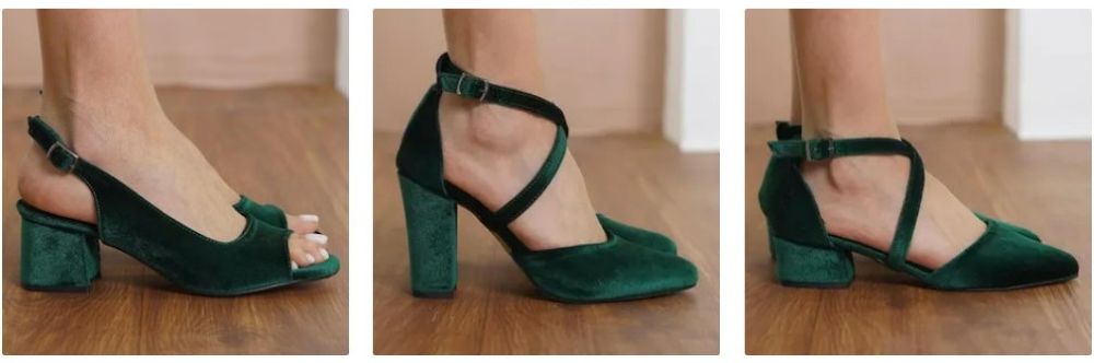 Three photos in a row showing model's feet in different styles of velvet emerald green shoes, with varying heel heights and ankle strap options