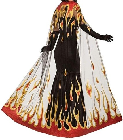 A long sheer cape with flames coming up from the hem and continuing to gather at the shoulders (worn by model wearing long black gloves and a long black strapless dress) is a beautiful piece for creative and classy Halloween costumes