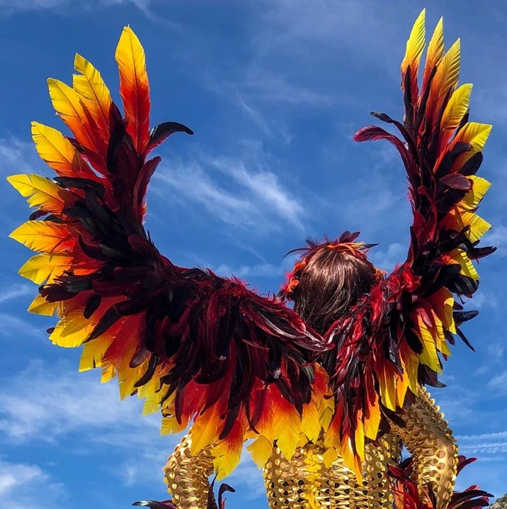 Close-up photo of the back of a model wearing a pair of feathery wings in black, maroon, dark orange and yellow to resemble the fiery wings of a phoenix, an excellent complement for any classy Halloween decorations with fire features