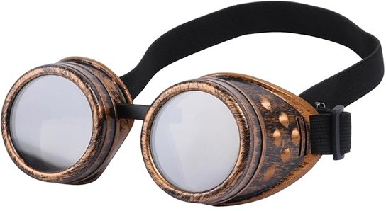 A pair of steampunk goggles with black leather strap and distressed brass-coloured rims