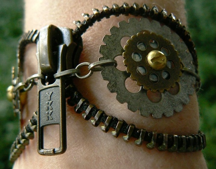 Close-up photo of a wrist wearing a zippered cuff with gears
