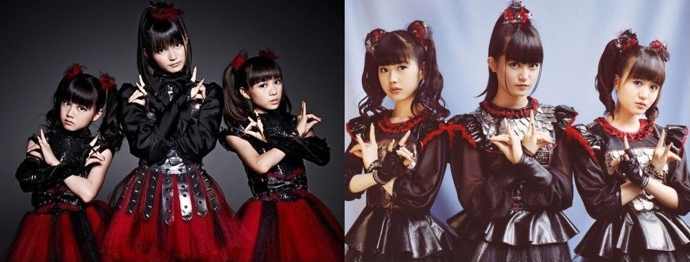 Two side-by-side photos of the band Babymetal, on the left a posed promotional photo from their debut and on the right, a similar photo several years later. Each of the three band members are dressed in mostly black with tulle skirts and red accents, and high pigtails with red, black and metal hair bows