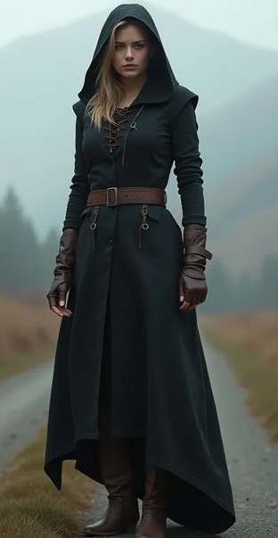 Woman wearing a medieval costume of long gown with hood and long brown leather gloves, with brown leather belt and brown boots, evoking Halbrand style