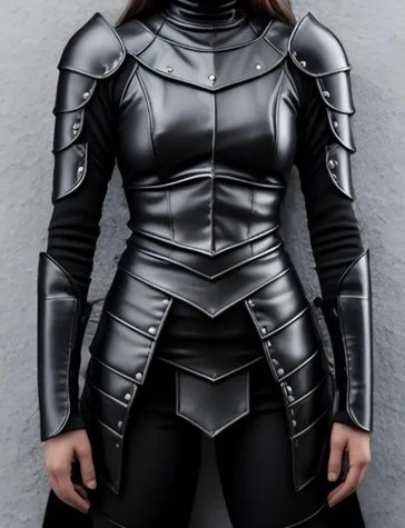Model seen wearing fitted full black leather armor