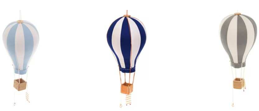 Photo of three 16.5-inch fabric hot air balloons with vertical stripes and wooden basket with miniature rope/wooden ladder. On left: light blue and white stripes; center: navy blue and white stripes; right: gray and white stripes